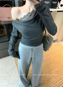 GUZILIAN | Korean Pure Desire Style Lace Splice Slim Fit Shoulder Womens Base Shirt Spring Autumn Knitted Top Trendy Long Sleeve One-Shoulder