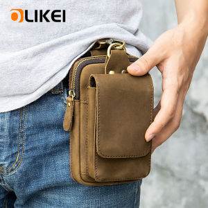 OLIKEI Genuine Leather Waist Bag Men Retro Cowhide Waist Packs Hook Design Fanny Pack Belt Bag for Men Phone Pouch