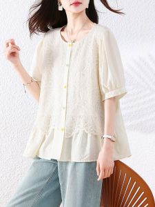 เสื้อเชิ้ตผู้หญิงสไตล์ฝรั่งเศส ปักลายลูกไม้ ทรงเข้ารูป แขนสั้น คอกลม ปกติ แฟชั่นลำลอง ฤดูร้อน ปี 2025