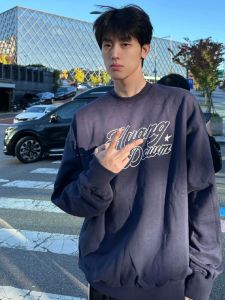 Heavyweight round Neck Sweatshirt Mens Loose Spring Autumn 400g Fleece Lined Thick American Trendy Brand Letter Top