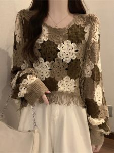 Elegant Knitted Tassel Sweater Womens Spring Autumn plus Size Hollow out Short Style Slimming Beautiful Korean Version Blouse