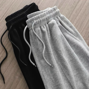 Ultra-Thick Straight Leg Sweatpants Pure Color Casual Sports Pants High Waist Rope Buckle Knitted Cotton Blend Breathable