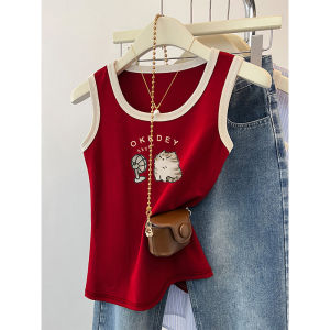 Red Color Contrast Vest T-Shirt Women Summer New Style Spicy Girl Outdoor Wear Sleeveless Top Cotton Blend Slim Fit Short Length
