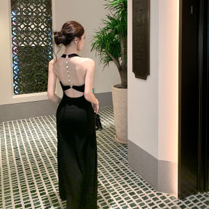 Elegant Backless Hanging Neck Dress Womens Empress Style Slimming Gown Long Black Atmosphere Wrap around Inner Wear