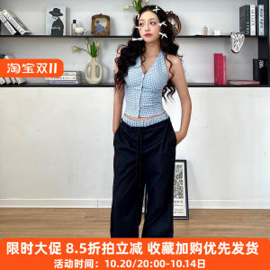 French Sweet And Spicy Blue White Plaid V-neck Halter Top And Wide Leg Pants Set Retro Patchwork High Waist Slimming Effect