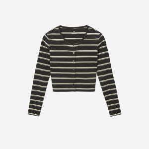 Hotwind | Striped Round Neck Long Sleeve Sweater Knit Cardigan