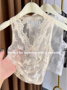 Lace Voile Faux Collar Deep V Neck Top Spring