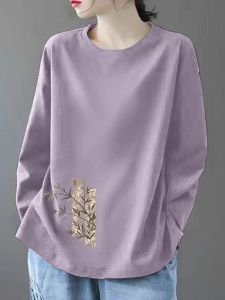 เสื้อยืดแขนยาวแฟชั่นสำหรับผู้หญิงไซส์ใหญ่ ฤดูใบไม้ร่วง 2024 เสื้อผ้าทำงานคอตตอนผสมโพลีเอสเตอร์ ทรงเข้ารูป ทรงเข้ารูป