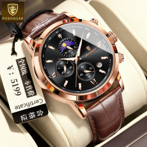 Swiss brand POEDAGAR chronograph watch for men waterproof multifunctional moon phase calendar luminous casual watch brown