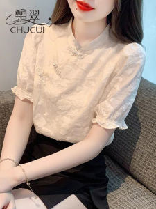 New Chinese Style National Trend Improved Cheongsam Top Short Sleeve Silk Shirt Women Summer High End Fashion Small Shirt
