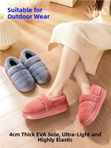 Womens Indoor Outdoor Thick Bottom Anti-Slip Winter Cotton Slippers Couples Slippers Warm Furry Slip-On Shoes for Home Use