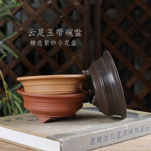 Small Purple Clay Flower Pot Cloud Foot Jade Belt round Bowl Green Plant Bonsai Artemisia Tabletop Garden Classical Style Desktop Ornamental Pot