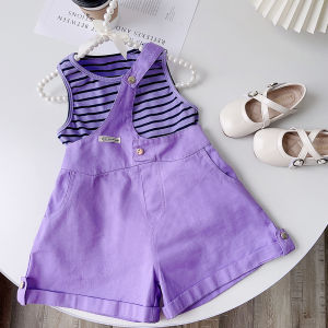 Bear Leader Girls Suit 2023 New Fashion Kids Suit Girls Purple Striped T-shirt + One Shoulder Strap Shorts Two Piece Summer Girls Sleeveless Suit