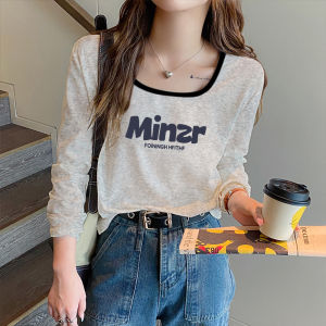 Color Block Long Sleeve Square Collar T-Shirt Womens Spring Autumn Slim Fit Casual White Versatile Base Shirt Inner Wear Top