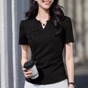 WANGGONGZHU | Princess Style Short Sleeve V-Neck T-Shirt Womens Cotton Slim Fit Elegant Top Korean Fashion Pure Color Commute Style