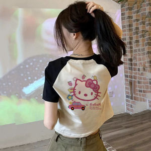 Hellokitty Short Sleeve T-Shirt Womens Summer Slim Fit Shoulder Print Korean Style Cotton Casual Top for Teenage Girls