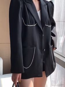 XITAO Black Blazer Women Full Sleeve Single Breast Pocket Goddess Fan Casual Style Loose Summer Coat LDD1683