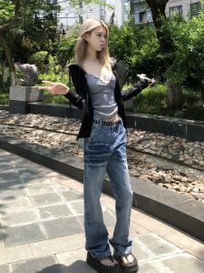 Quần Jeans Denim Ống Rộng Lưng Thấp Dài Bằng Cao 175 Cm Cổ Điển Mỹ Cho Nữ Mùa Hè Quần Dài Quần Jeans Denim