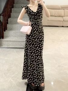 Daisy Floral Print Womens Dress Summer Versatile Korean Style Gentle Color Block Vacation Skirt Acal Brand Commute Long Dress