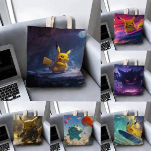 Bandai | Pokemon Anime Character Collection Storage Bags Tote Bag Travel Summer Beach Shoulder Bag Reusable Grocery Shopping Bag Anime