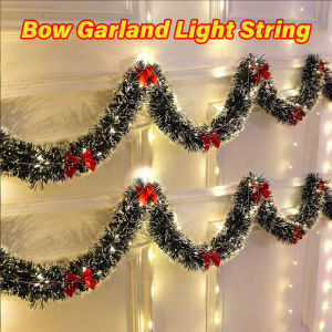 YESPERY New 2M Christmas Tinsel Garland with String Lignts Bow Decorative Ribbon Xmas Tree DIY Party Prop Christmas Decoration