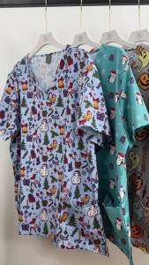 Niaahinn Christmas Print Medical Tops Nurse Accessories Doctor Surgical Blouse Cartoon Pattern Short Sleeve Scrub Work Shirt Men
