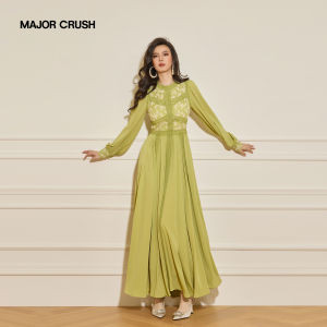 Spring Summer New Green Lace Stitch Long Dress Slimming Waist