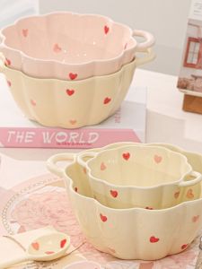 French Style Ceramic Soup Bowl Home Use Double Ear Rice Bowl Dessert Salad Bowl Creamy Style Utensil Spoon Included