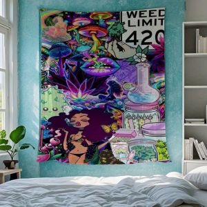 VIKAMA Psychedelic Cannabis Culture Tapestry WEED LIMIT 420 Trend Slogan Music Party Room Hippie Style Bedroom Theme Decor