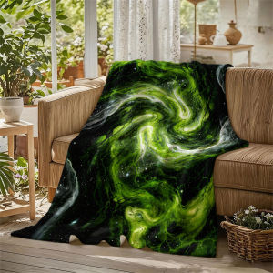 Green Nebula Space Stars Flannel Blanket Perfect for Sofa Office Bed Travel Sleep Read Relax Camping Four Season Use