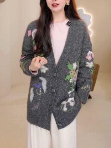 QINGNAER | Retro Floral Embroidery V-neck Charming Large Size Long Sleeve Knit Cardigan