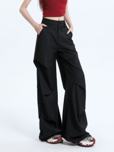 QIAOMIDUO | Summer Thin Cool Black Pleated Casual Pants Women Tall Extended Floor-Length Wide Leg Suit Trousers High Waist Long Pants