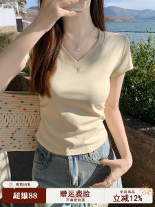 Womens V-Neck Short Sleeve T-Shirt Pure Cotton Slim Fit Yellow Top White Shoulder Summer Fashion Korean Style Commute Wind