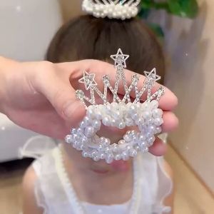 New Childrens Crown Headdress Princess Head Rope Korean Pearl Flower Little Girl Tie Hair Ball Head Rubber Band