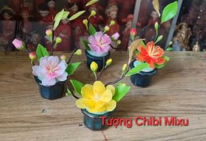 Chậu hoa mai hoa đào bằng đất sét / vải voan cao tầm 12-15cm dáng bonsai