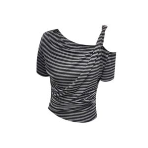 YUEZHONGWEI | French Uneven Color Block Striped Short Sleeve Shoulder Bared T-Shirt Women Summer Slim Fit Casual Top Korean Style Commute