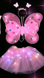 【COD&Local Ship】Kids Girls Fairy Costume Set Light Up Butterfly Wing Mesh Tulle Skirt and Headband Fairy Wand for Toddler Cosplay