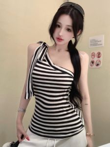 GUZILIAN | Design Sensation Slimming Striped Wrap Shoulder Crop Top Trendy Base Layer Shirt For Young Women Commute Style Summer Fashion