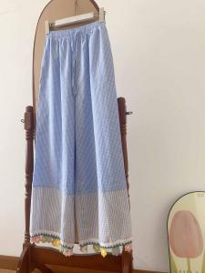 Quần Ống Rộng Kẻ Sọc Màu Xanh Cạp Cao Bằng Cotton Nguyên Chất Cho Nữ Quần Dài Thường Ngày Có Họa Tiết Hoa Nối Ghép