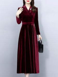 Elegant Velvet Dress Womens Stylish Autumn New Fashion Slimming Midi Skirt Korean Style Pure Color V-neck A-line Dress