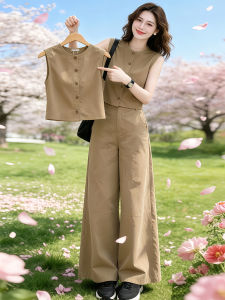 Shalldoer | Retro Hong Kong Style Short Sleeve Top High Waist Wide Leg Pants Summer Set