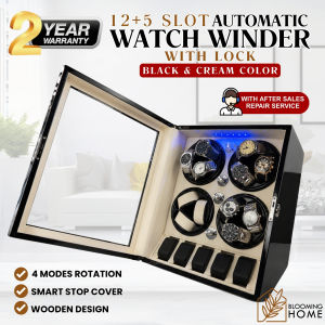 [2 YEARS LOCAL WARRANTY] 12 Slots Automatic Watch Winder + 5 Watch Storage Display Watch Box w/ Smart Stop Technology LED Light and 4 Rotation Modes