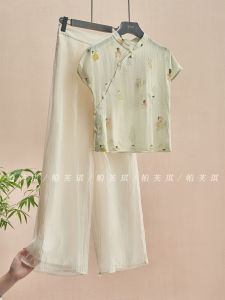 New Chinese Style Small Tang People Improved Cheongsam Top Wide Leg Pants Two Piece Set Women Summer New Fashion Hanfu Suit