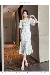 ZY·HT Summer Ladies Dress Satin Balloon Sleeve Rendering Long French Dinner Dress 20050 eravogue