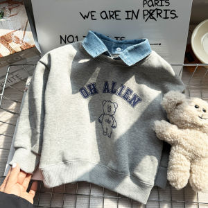 Detachable Collar Sweatshirt for Boys Baby Cartoon Print Thin Fleece Two-Piece Top Warm Cotton Spring Autumn Winter Kids Clothing