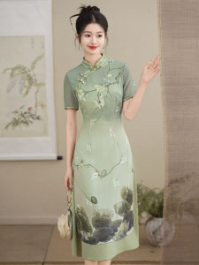 Elegant New Chinese Style National Trend Ao Dai Qipao Dress Light Green No Slit Long Sleeve Short Sleeve Daily Wear Polyester Fiber