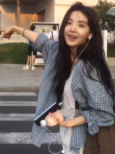 Áo Sơ Mi Nữ Tay Dài Kẻ Caro Chống Nắng Một Nút Cổ Bẻ Dáng Rộng Thoải Mái Mùa Hè Phong Cách Mới Áo Khoác Ngoài