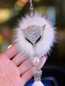 Crystal Embedded Fox Fur Pendant Car Rearview Mirror Popular Hanging Decoration Car Keychain Bag Goddess Style Jewelry