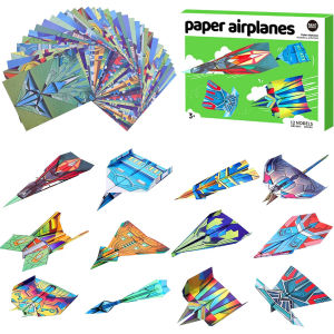 12 Styles Paper Airplane Kit Colorful Origami Paper Handmade Craft Plane Gift For Students Boys Girls