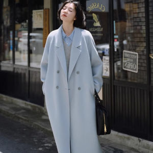 Korean Style Womens Luxury Ice Blue Versatile Elegant Fashion Commute Long Wool Coat Loose Outerwear Straight Cut Long Sleeve